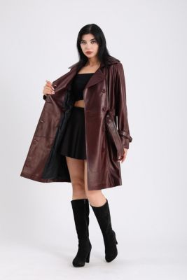 Women's Leather Trench Coat, Burgundy , Created for Macy s