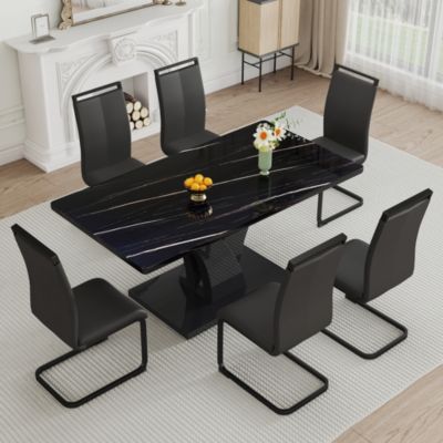 Table and chair set, modern dining table, black tabletop and black MDF leg table, soft and comfortable dining chair, perfect for dinner, meetings, home and office decor