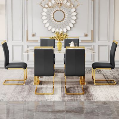 Simplie Fun Table and chair set, rock plate table top, gold metal table legs, stable and beautiful, suitable for most home styles. Modern simple dining table, comfortable seating