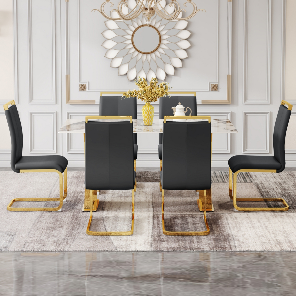 Simplie Fun Table and chair set, rock plate table top, gold metal table legs, stable and beautiful