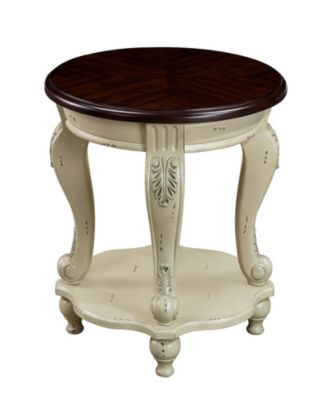 Two Tone Round End Table, Shelf, Beige/Espresso