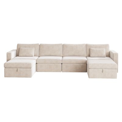 Modern Velvet Modular Sectional Sofa, U Shape Convertible Sofa Set with Pillows, Oversized Sectional Couches with Storage Ottomans for Living Room, Loft, Apartment, Office - White 6 seats