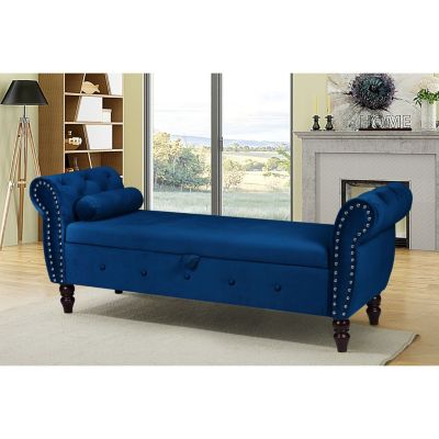 63-inch Storage Bench, modern velvet Ottoman, large capacity storage bench with armrest, suitable for living room, bedroom (H dark blue)