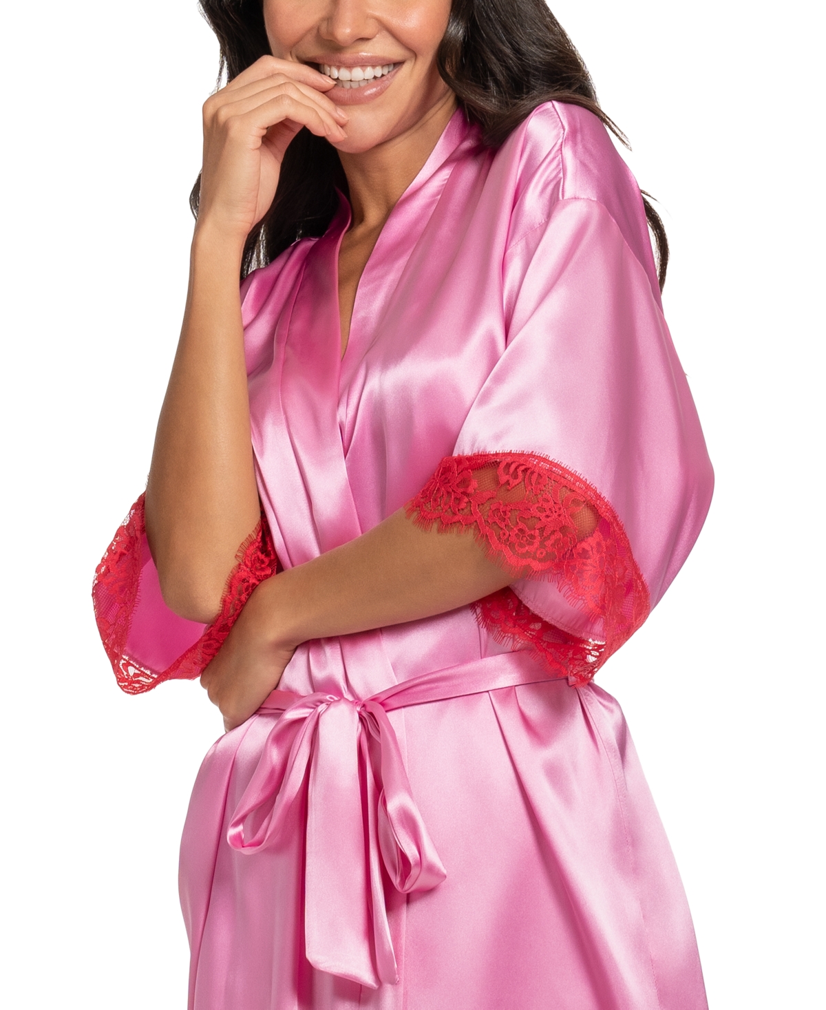 Linea Donatella Women's Pink Wrapper Satin Lace-cuff Robe In Red