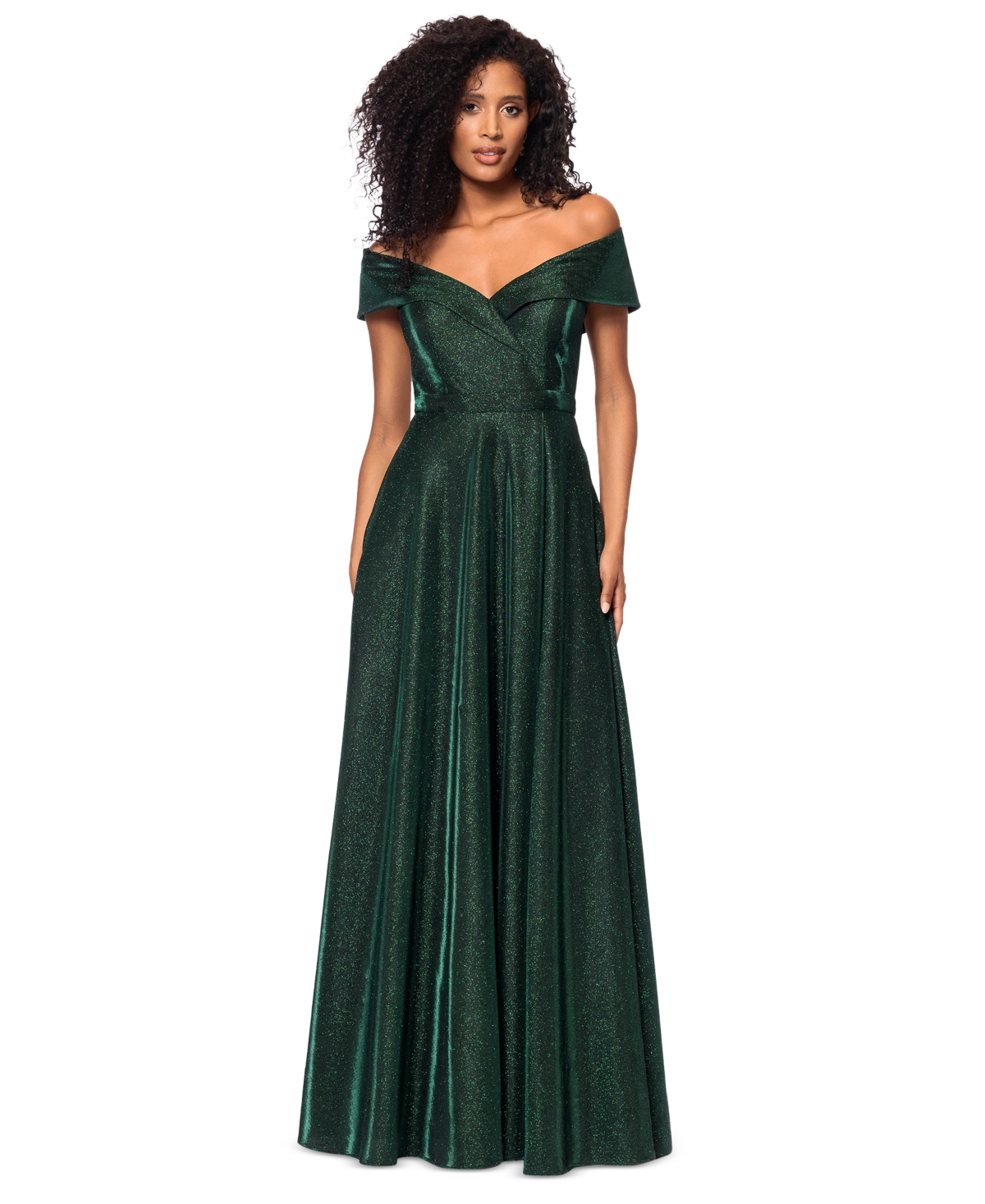 Xscape Petite Off-the-shoulder Glitter Gown In Black,pine