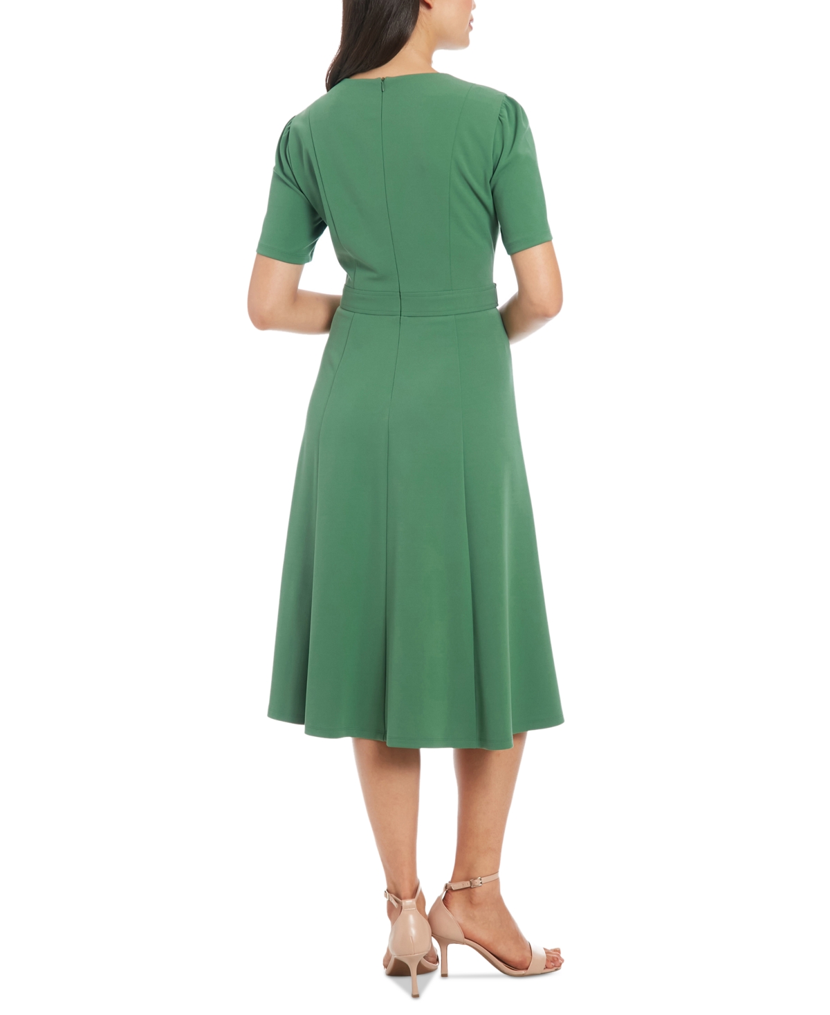 London Times Women's Puff-Sleeve Tab-Detail Fit & Flare Dress