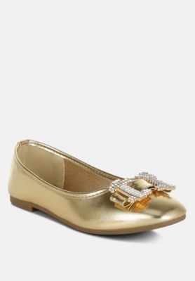 Womens Navik Rhinestone Buckle Metallic Ballerinas