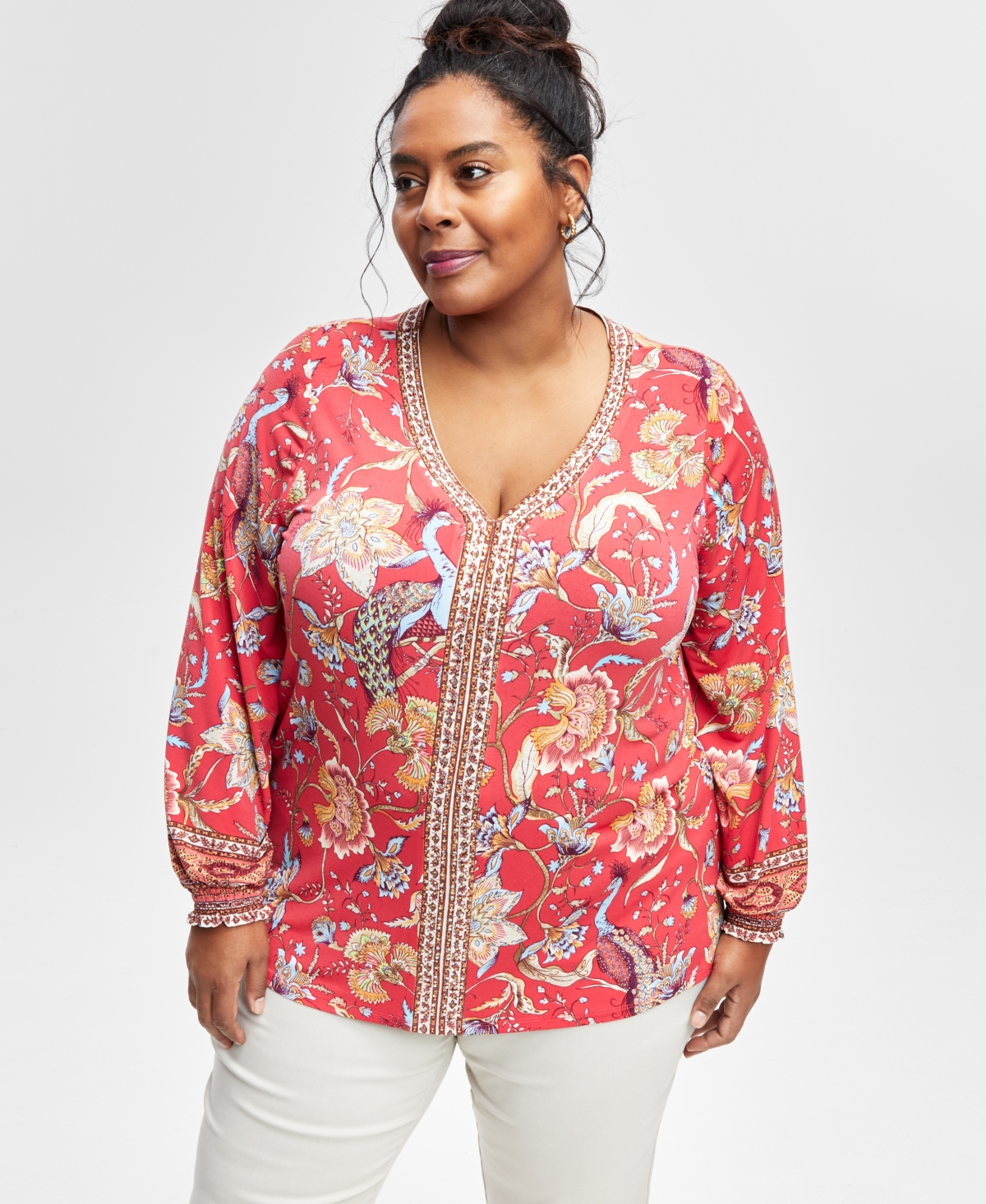 JM COLLECTION PLUS SIZE PRINTED BLOUSON-SLEEVE TOP, EXCLUSIVELY AT MACY'S 