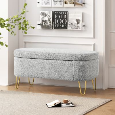 Oval Storage Bench for Living Room Bedroom End of Bed, Upholstered Storage Ottoman Entryway Bench With Metal Legs, Grey