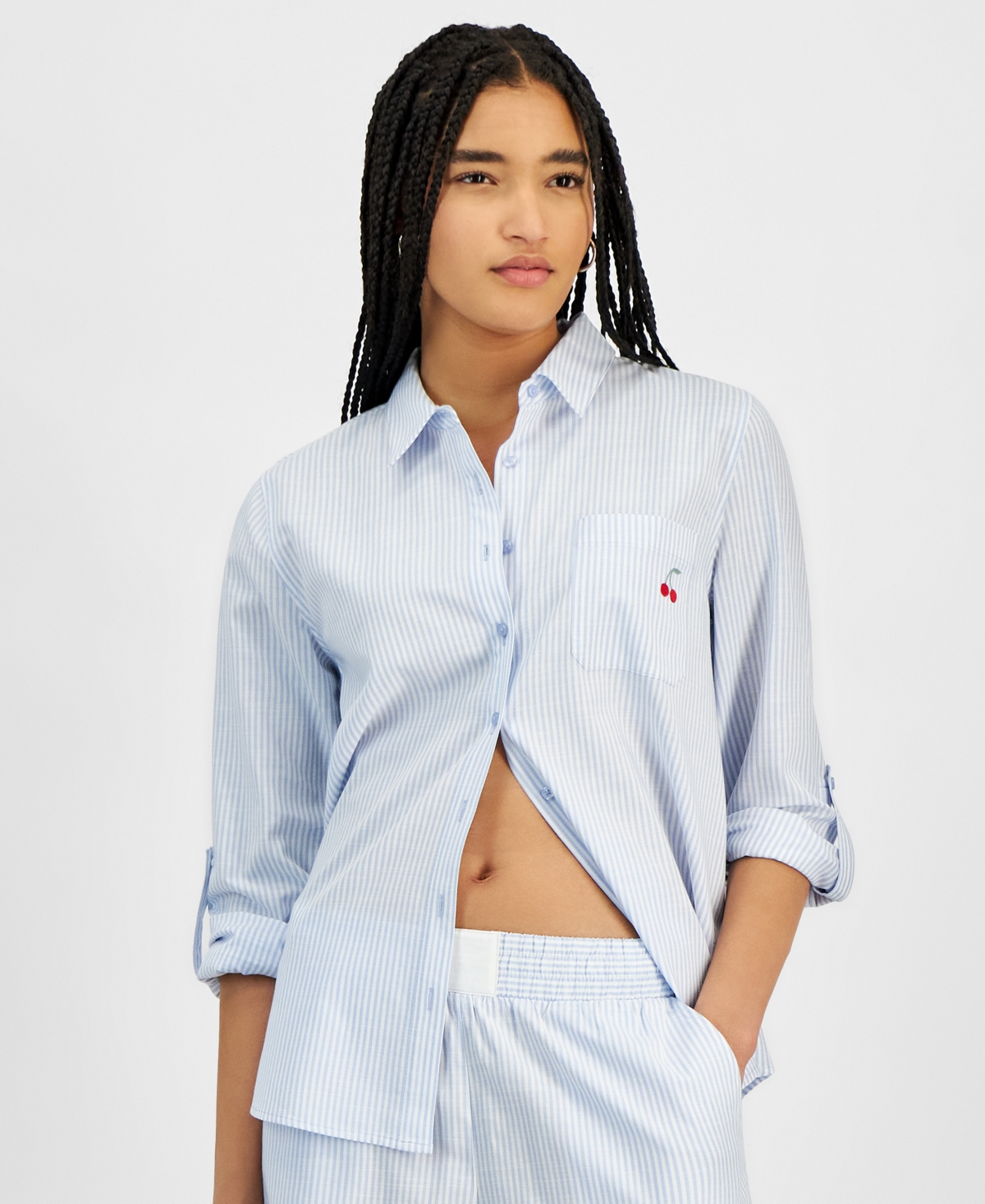 Juniors' Button-Front Long Sleeve Striped Shirt - Sand Stripe
