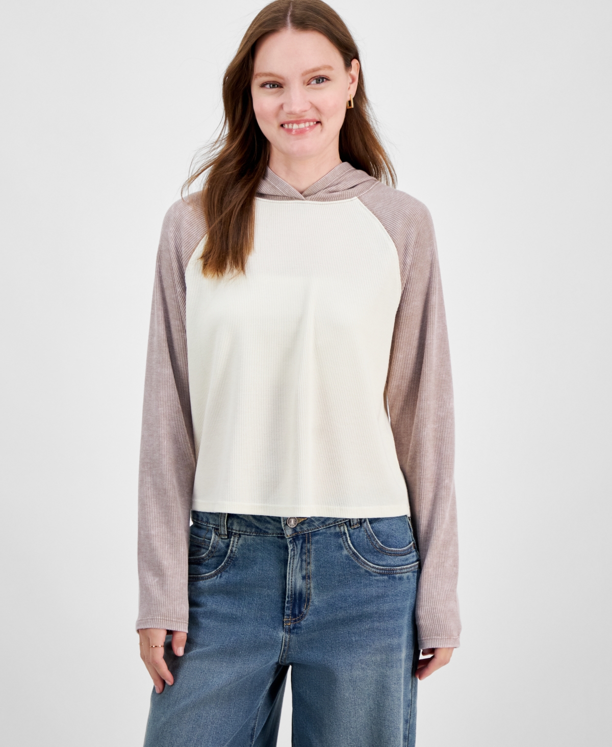 Juniors' Colorblock Waffle-Knit Hoodie - Mocha Stone Combo