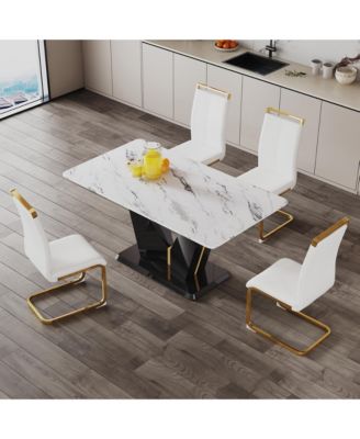 Table and chair set, white imitation marble texture glass tabletop, black MDF table legs, stable and beautiful. Modern simple dining table, comfortable seating.
