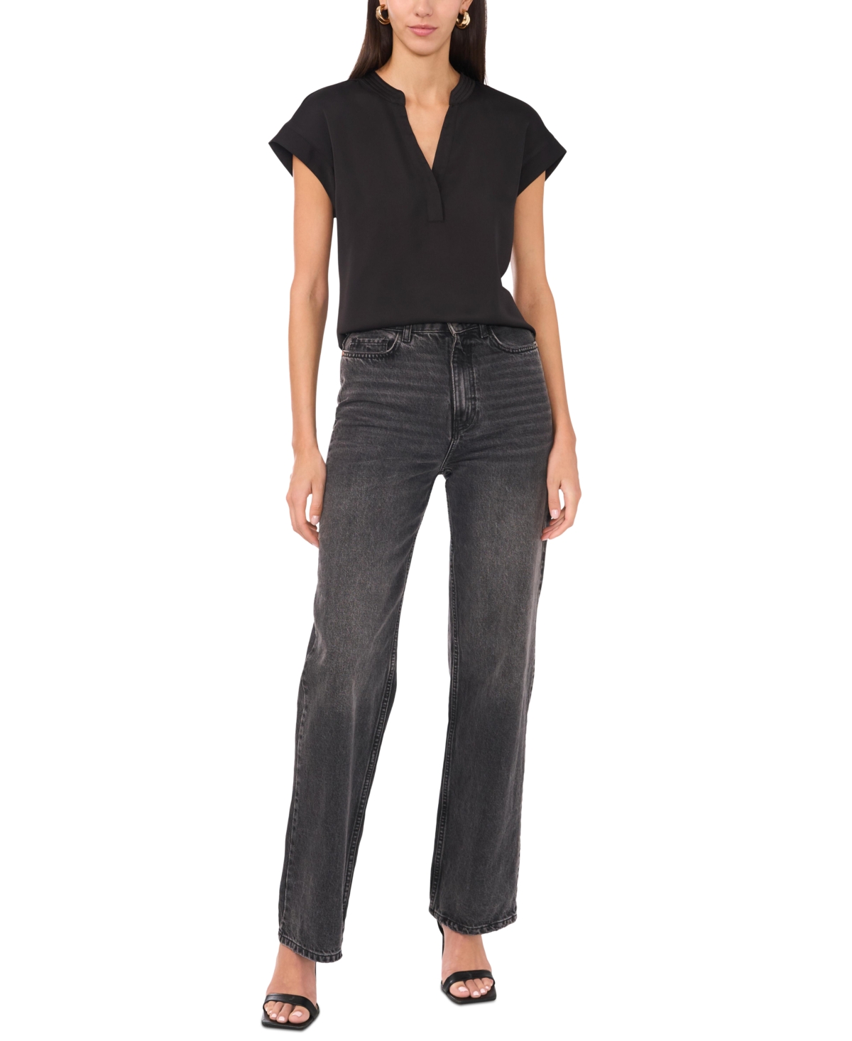 Vince Camuto Women's Mixed-Media Split-Neck Short-Sleeve Top