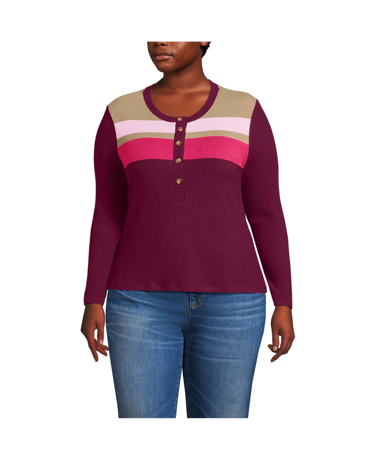 Lands' End Plus Size Long Sleeve Cozy Rib Henley Top