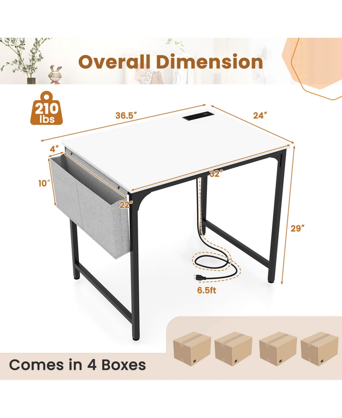 Costway 32" Meeting Room Desk Set of with Charging Station & Headphone Hook Metal Frame