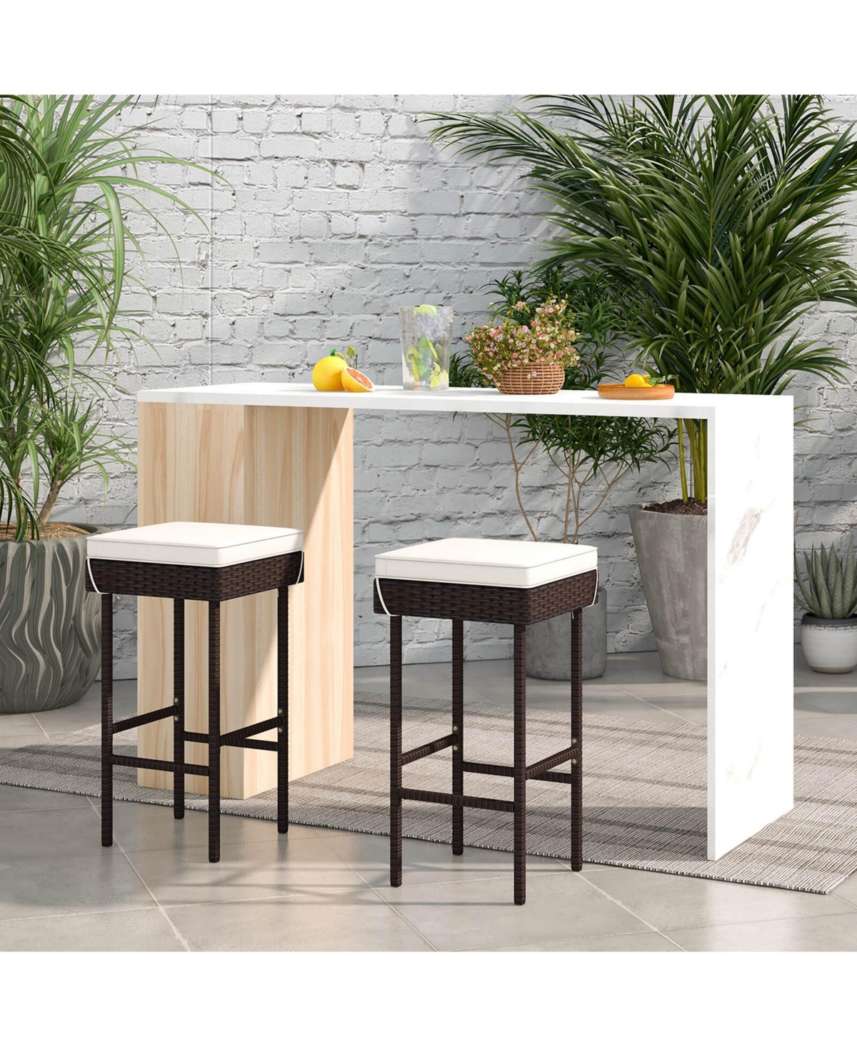 Costway Patio Rattan Barstools Set of 4 Outdoor Wicker Bar Height Chairs with Footrest