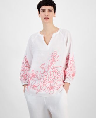 Charter Club - Women's Embroidered Linen 3/4-Sleeve Top, Exclusively at Macy's