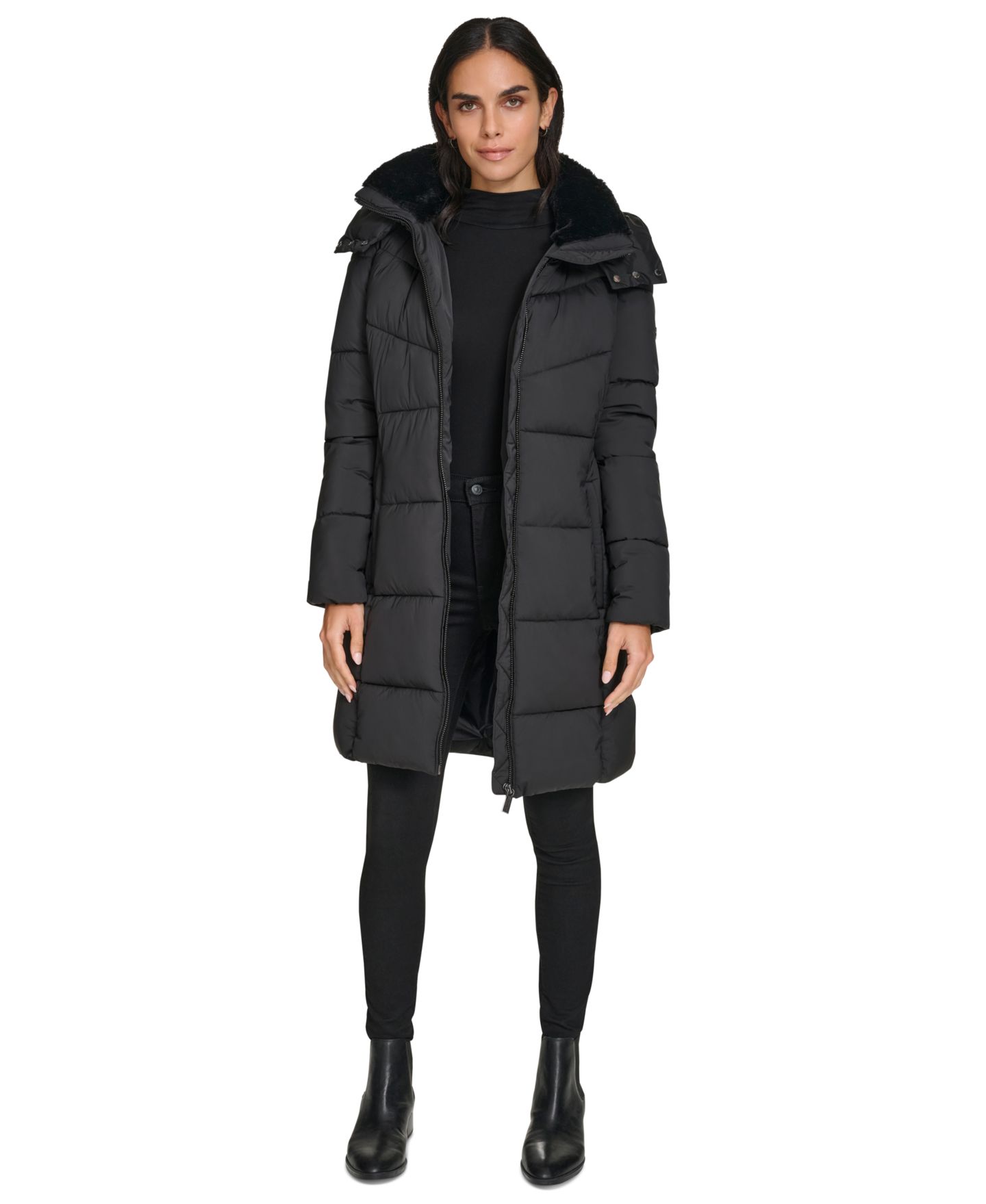 Женская куртка Calvin Klein Hooded Faux-Fur-Lined Midi Puffer, цвет: Чёрный — фото 6