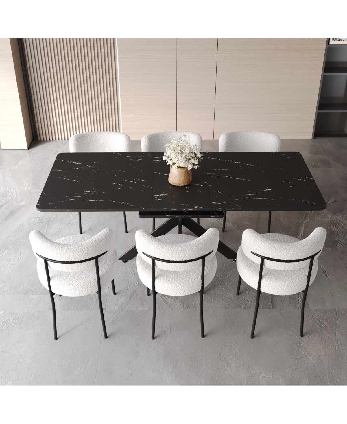 Simplie Fun Scalable Dining Table Table Set for 6-8 Person for Dining Room, Curved Backrest Round Upholstered Soft padded armless dining chairs and Ve