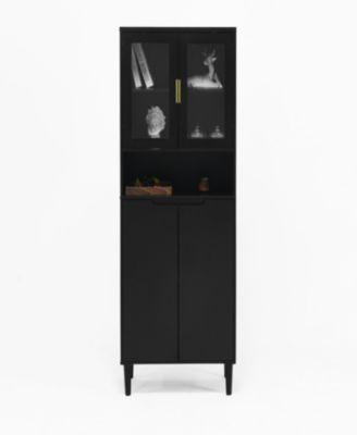 Tall Storage Show Cabinet with 2 Glass Display Door & 2 Doors, Tall Kitchen Pantry Cabinet with Gold Handles, Modern Cabinet Freestanding for Bathroom, Dining Living Room, Black