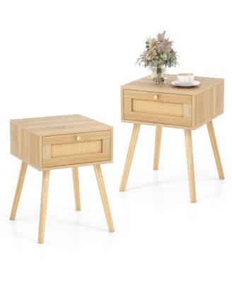 2 PCS Nightstand Bedside Sofa Table with Rattan Drawer for Bedroom & Living Room