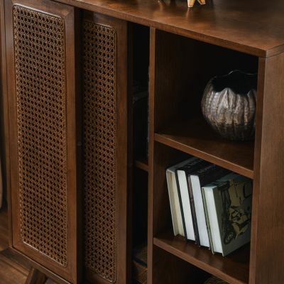 31.5" Mid-Century MDF & Rattan Adjustable Shelves, Charging Outlet, Solid Wood Legs Dark Wood Sideboard Cabinet