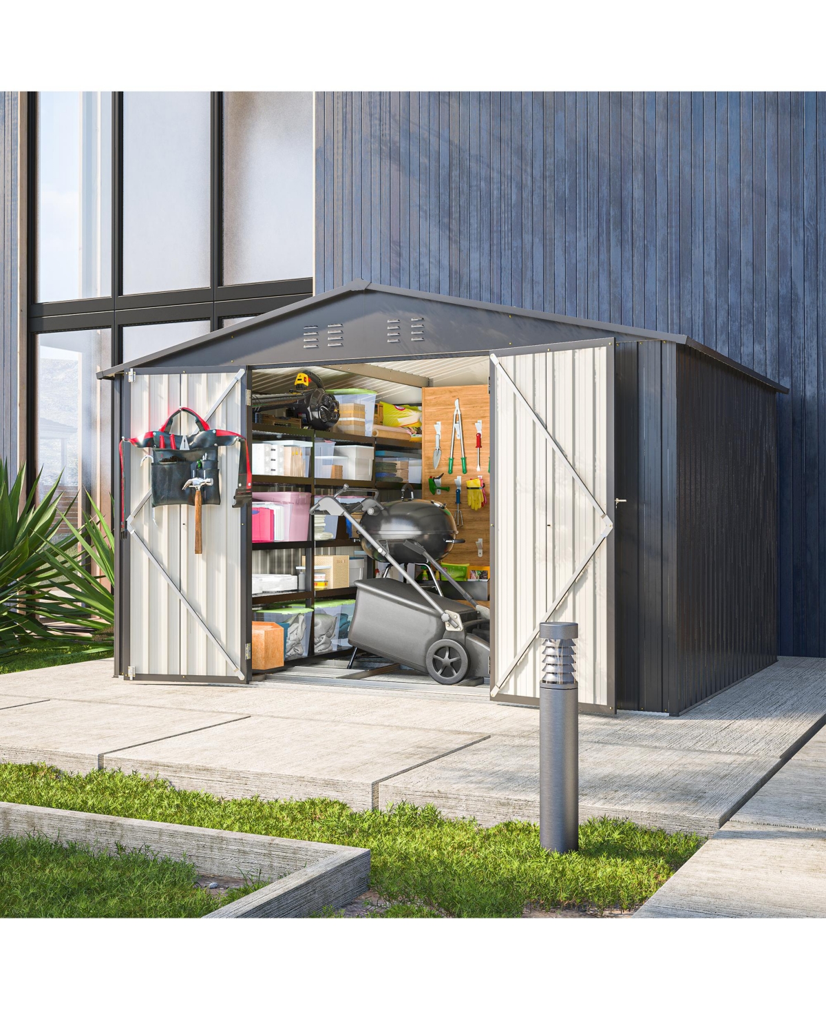 10X8 Ft Outdoor Storage Shed, All Weather Metal Sheds with Lockable Doors, Tool Shed for Garden, Patio, Backyard, Lawn, Black