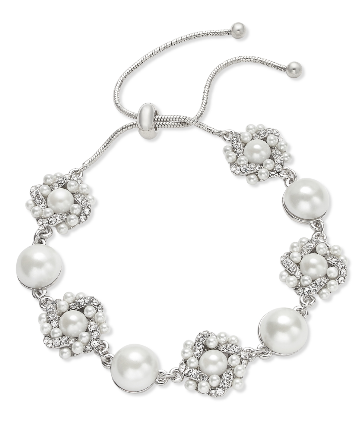 Silver-Tone Pave & Imitation Pearl Cluster Slider Bracelet, Created for Macy's - White