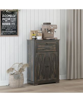 Farmhouse Barn Door Accent Cabinet, Kitchen Sideboard Storage Cabinet with Double Doors, Drawer, and Adjustable Shelf for Bedroom, Living Room, Dark Brown