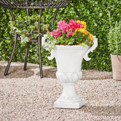 Elegant Roman Faux-Stone Planter With Botanical Accents