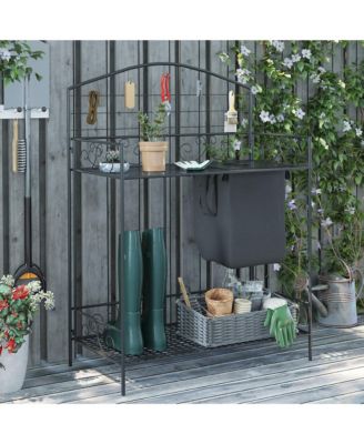 Folding Potting Bench Table, Metal Garden Workstation, Work Bench with Large Build-In Bag with Cover, 5 Hanging Hooks & Storage Shelf, Flourishes