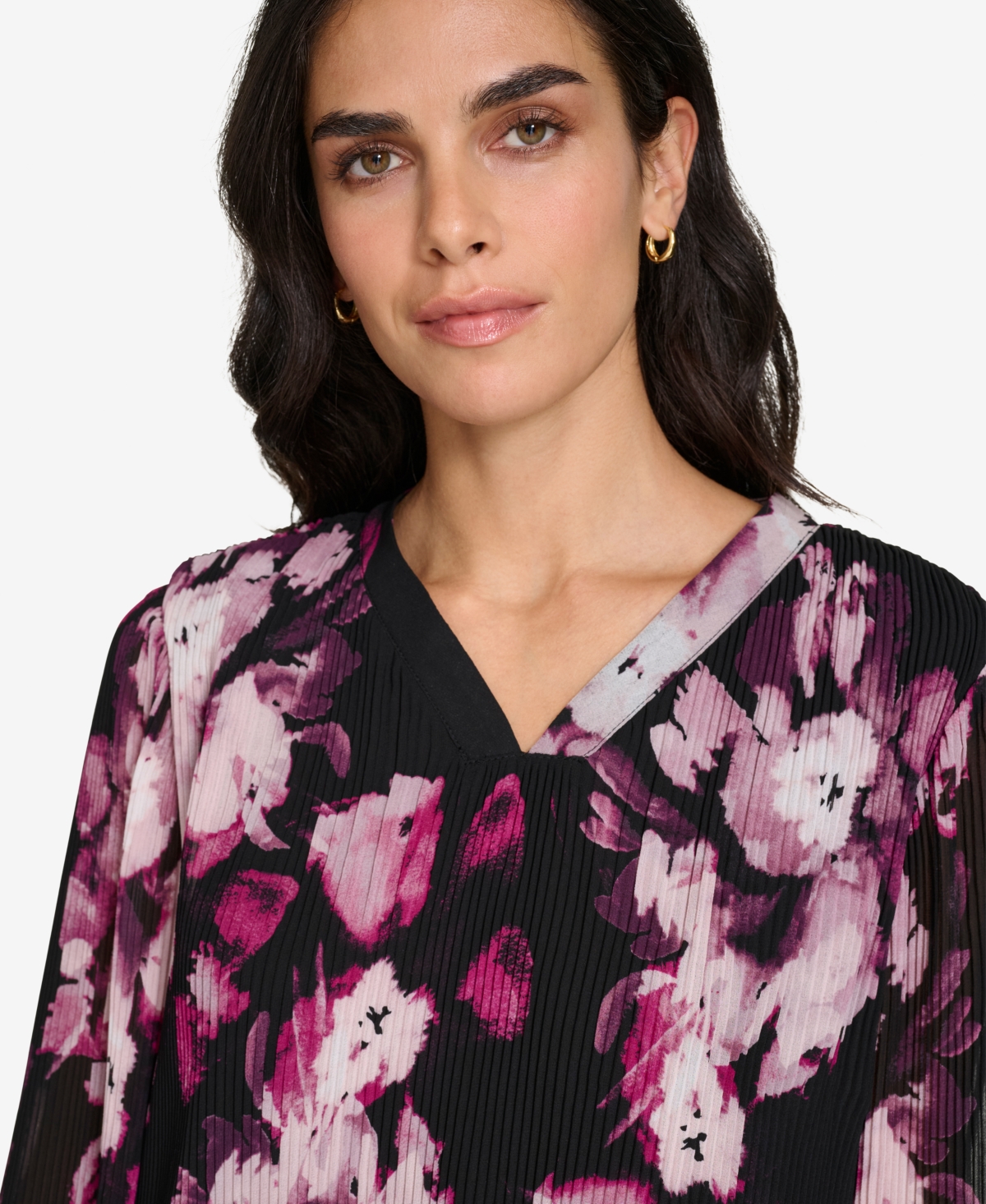 Calvin Klein Petite V-neck Long-sleeve Blouse In Black Multi