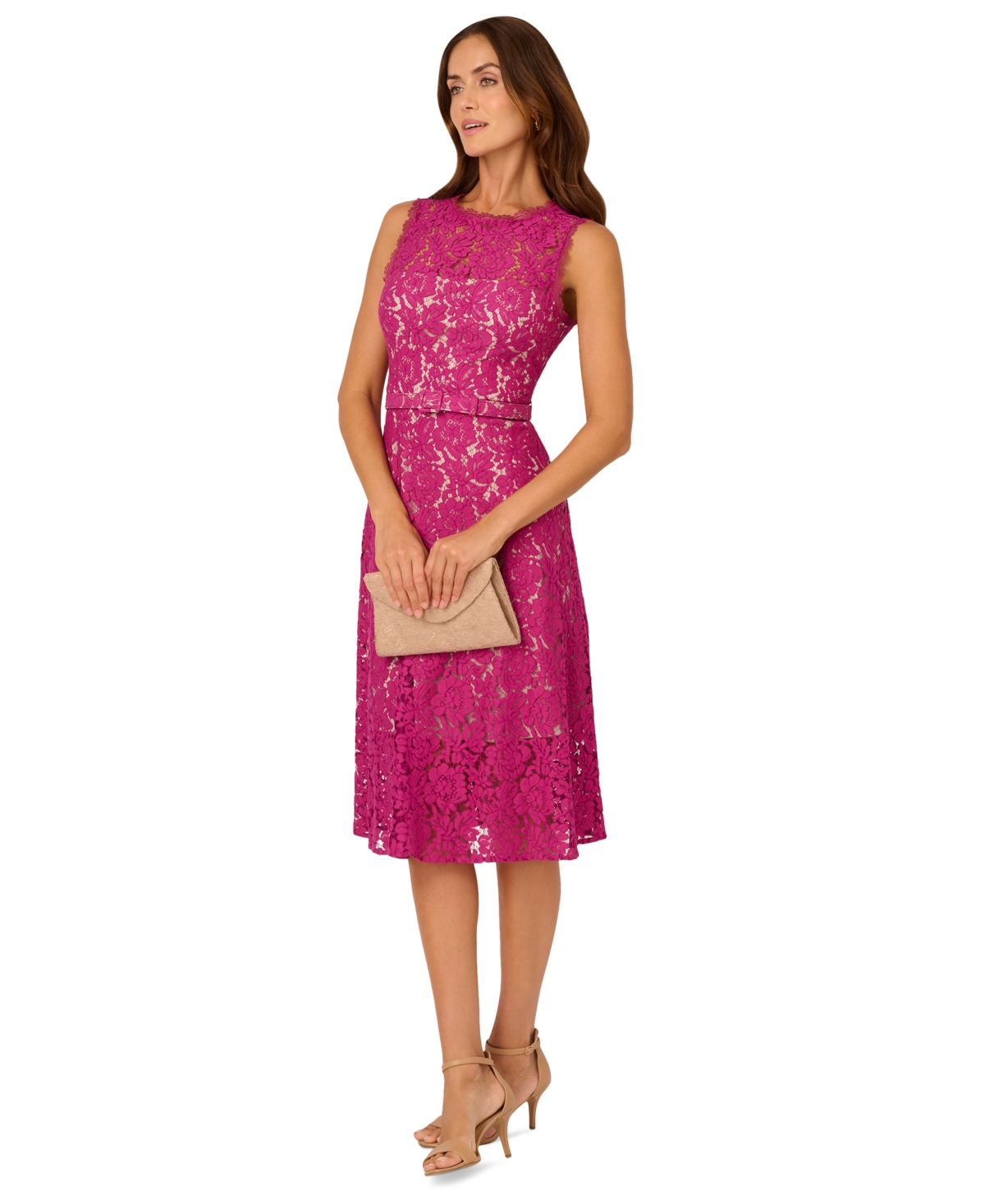 Adrianna Papell Belted Sleeveless Lace Midi Dress In Pink