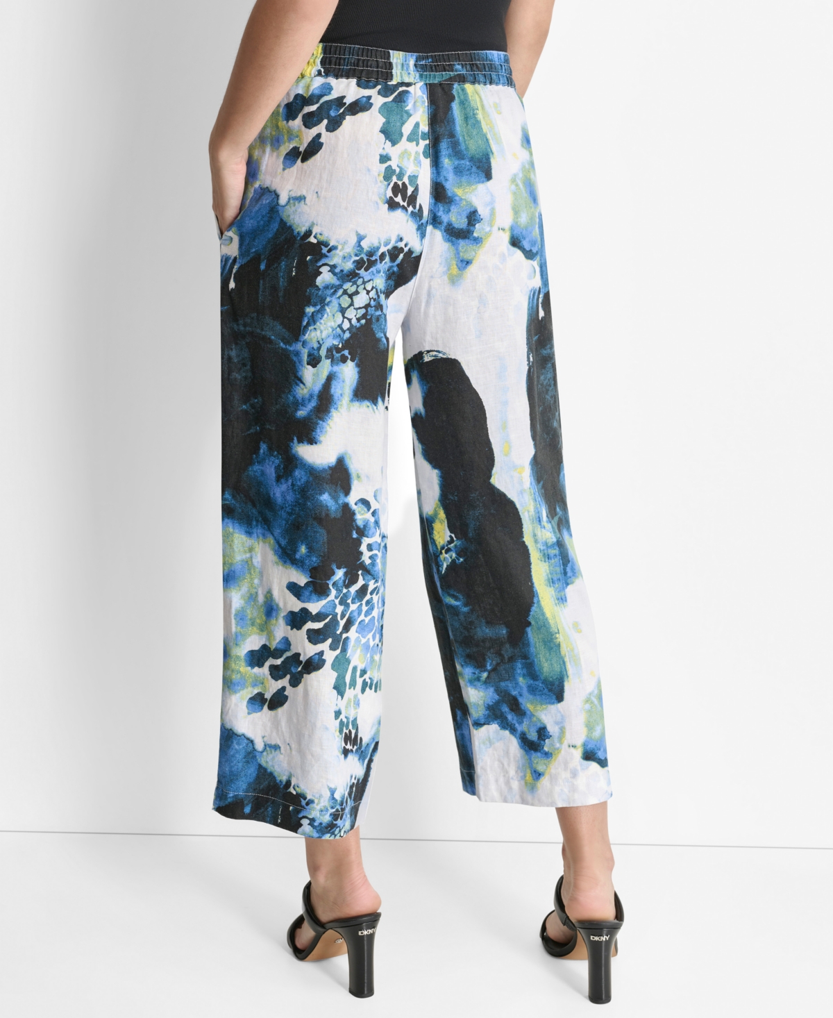 Dkny Floral Print Straight Leg Linen Ankle Pants In Abstr Peac