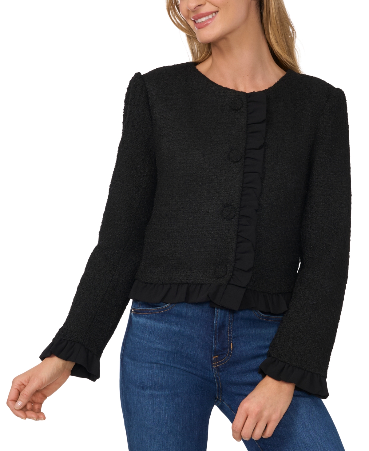 Shop Cece Women's Ruffle-trim Boucle Button-front Cropped Jacket In Rich Black