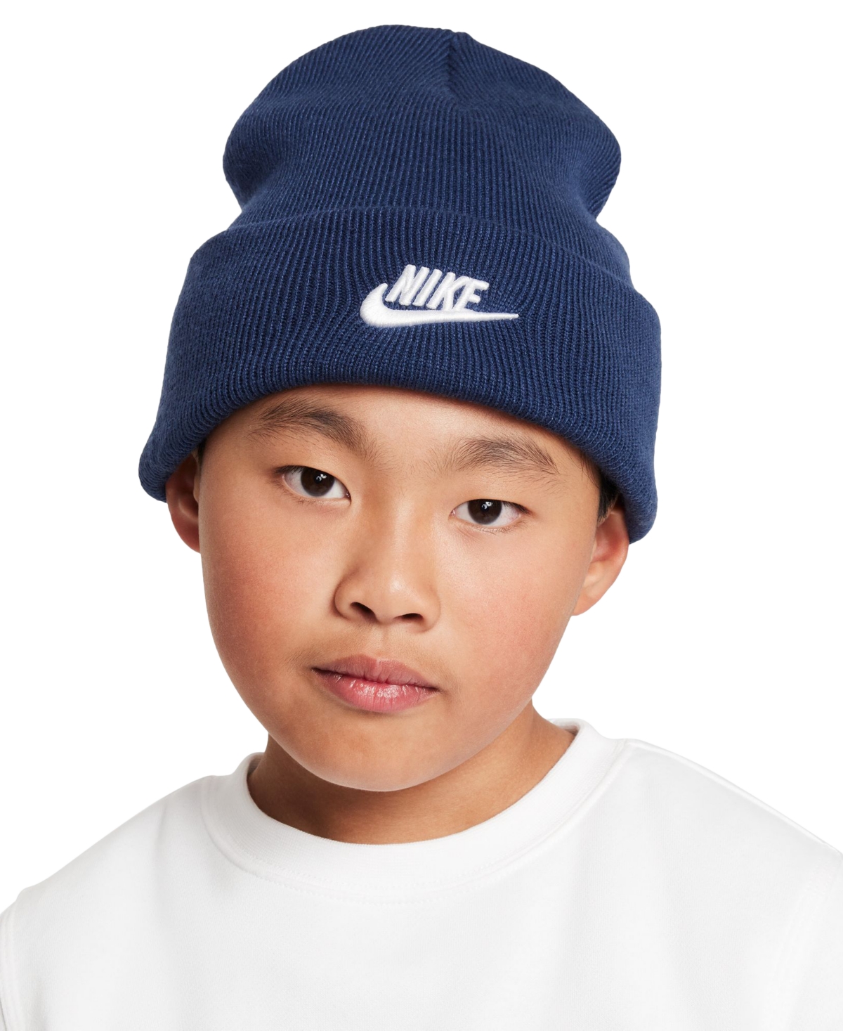 Nike Big Kids Peak Logo Embroidered Ribbed-knit Beanie In Midnight Navy,(white)
