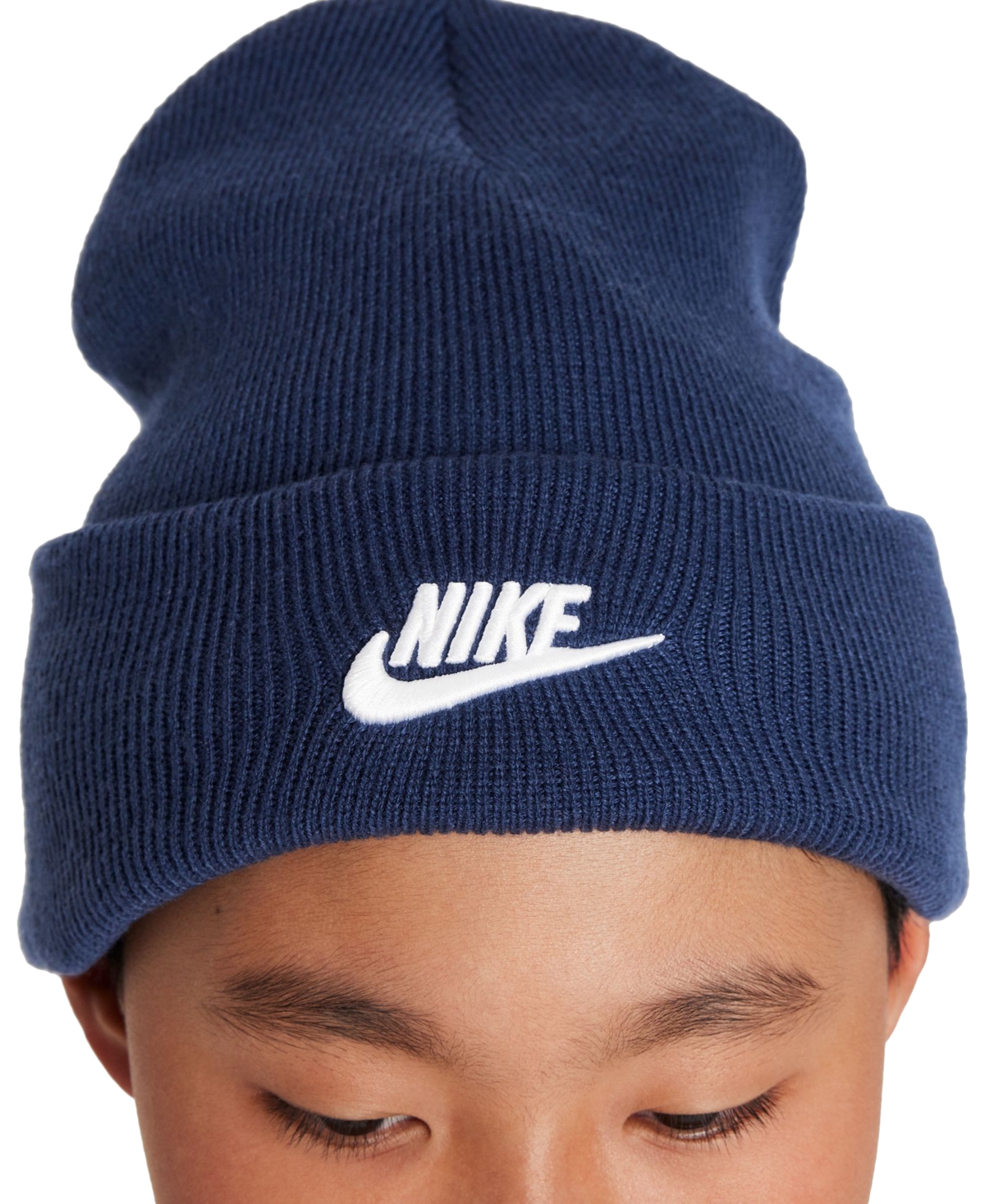 Nike Big Kids Peak Logo Embroidered Ribbed-knit Beanie In Midnight Navy,(white)