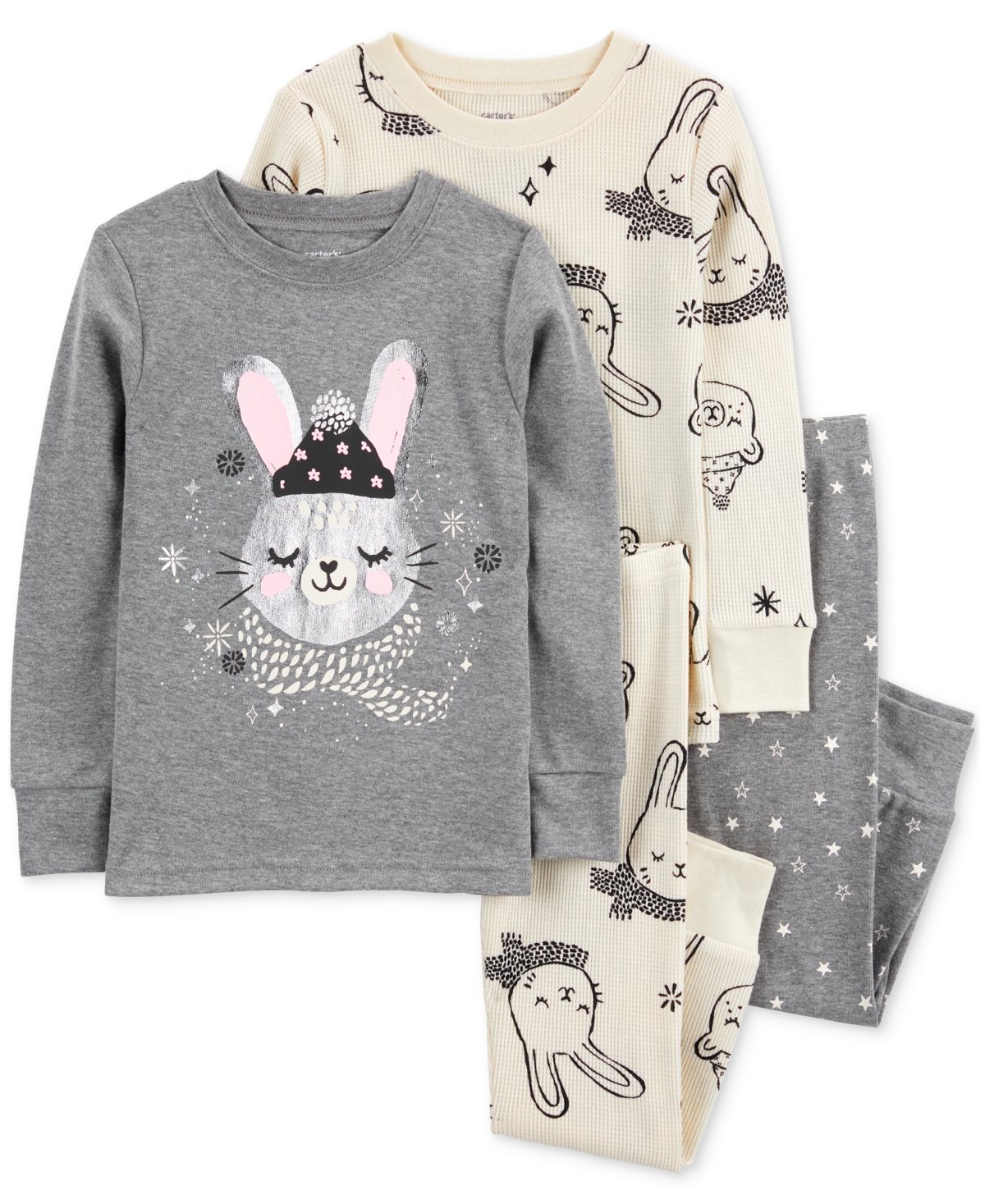 Carter's Babies' Toddler Girls Bunny-print Pajamas, 4 Piece Set In Grey,ivory