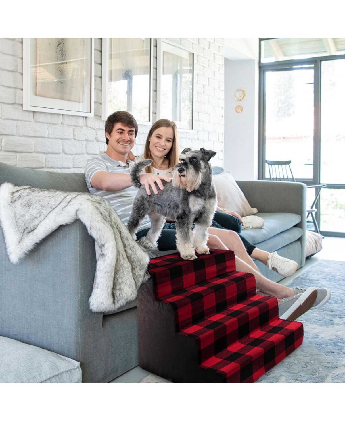 Home Base Dog Steps, 4-Step Design Pet Stairs for Dogs and Cats, Ramp for High Beds and Couch, Plaid, Soft, High Density Foam