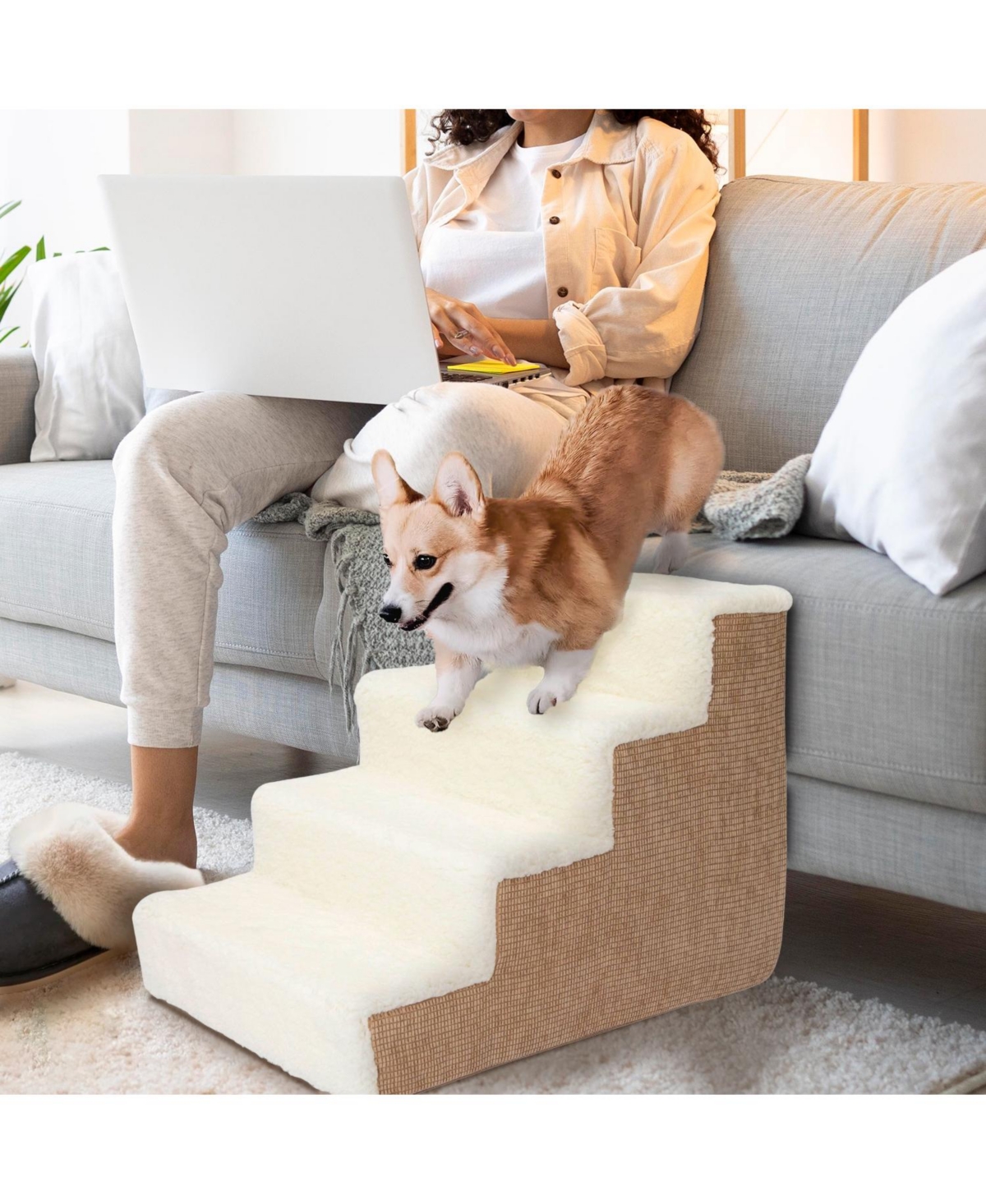 Home Base 4-Step Dog Stairs, Pet Steps for Dogs and Cats, Ramp for High Bed and Couch, Non-Slip, High Density Foam Sherpa Top