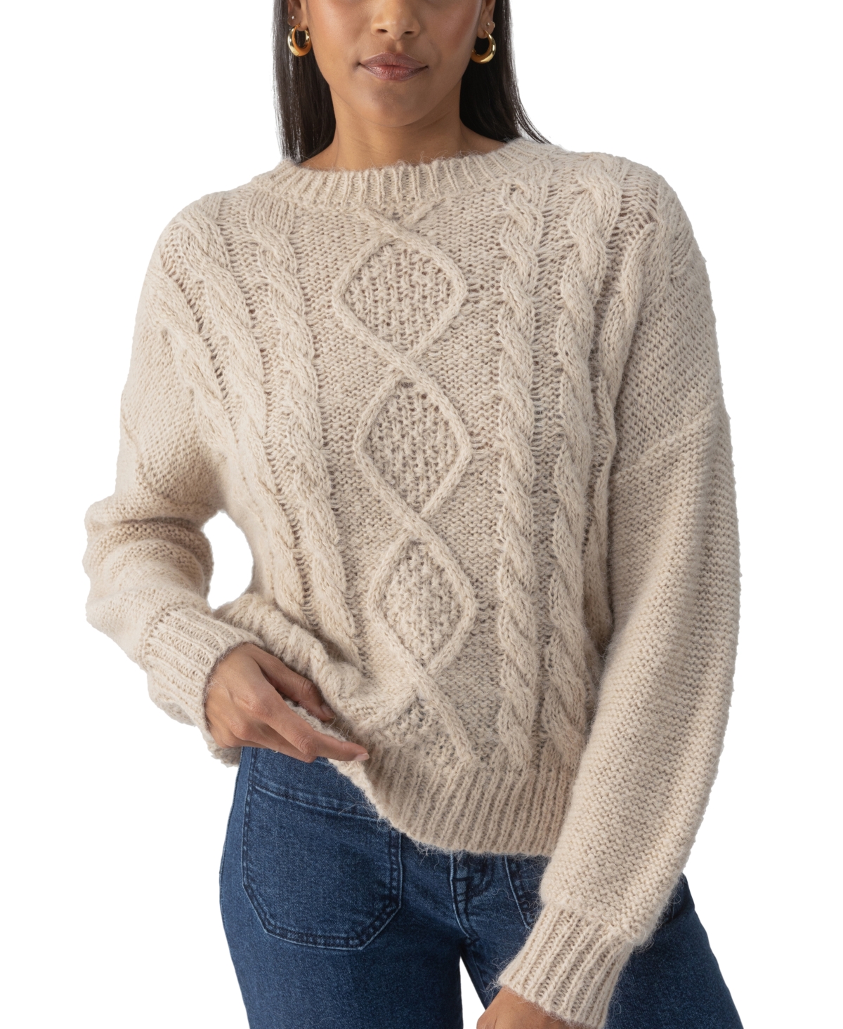 Sanctuary Cozy Cable Stitch Crewneck Sweater In Frosted Almond