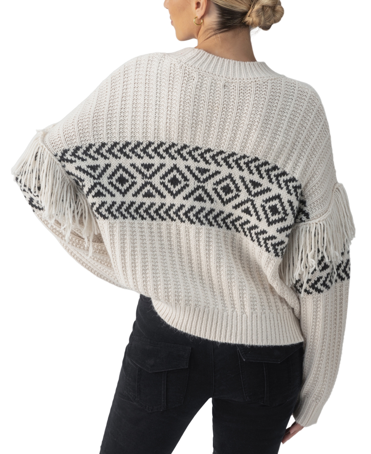 Sanctuary Women's Artisan Fringe-Trim Sweater - Chalk And Black