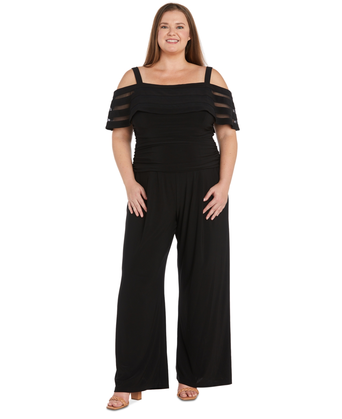 R & M Richards Plus Size Cold-shoulder Wide-leg Jumpsuit In Black