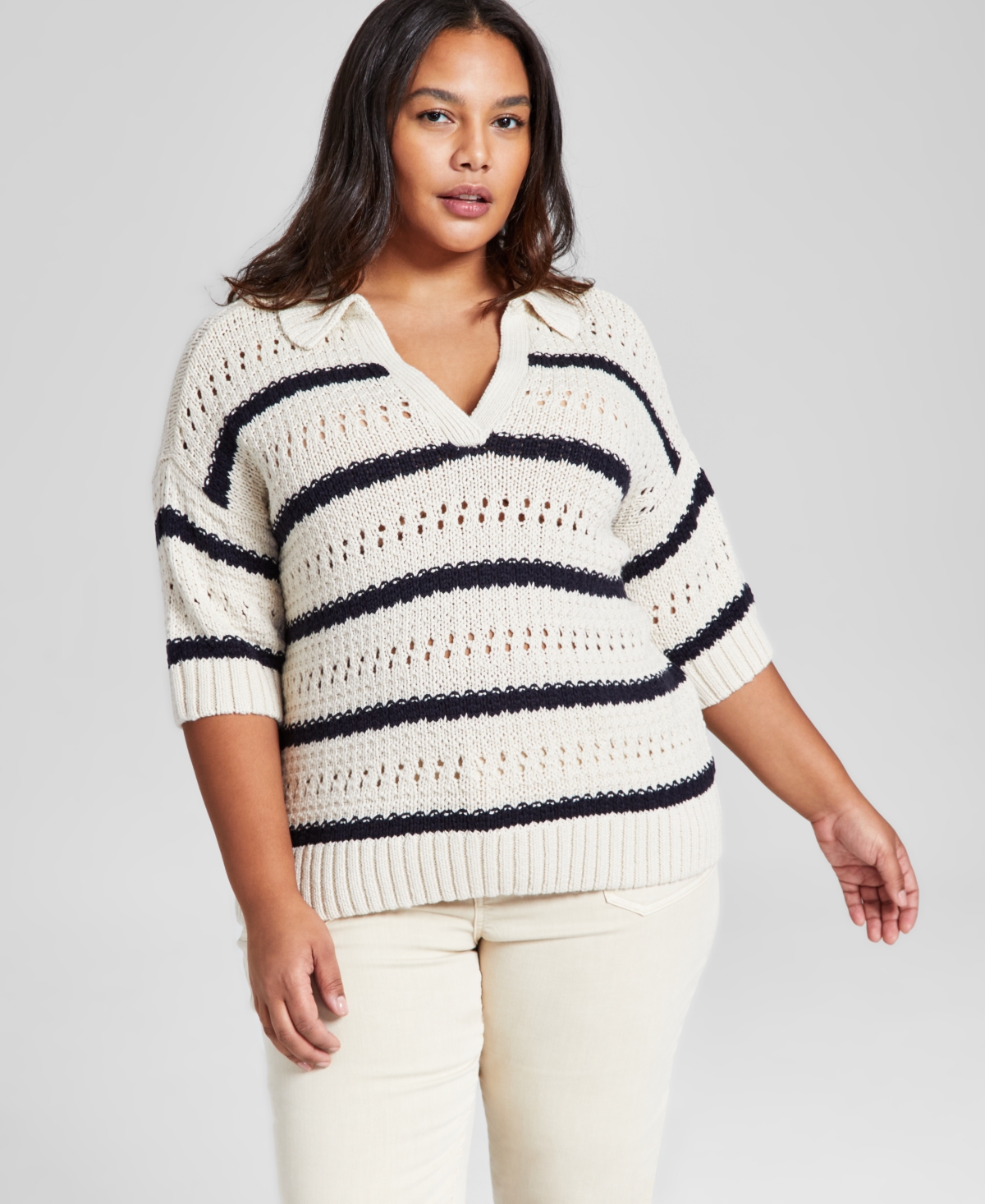Plus Size Striped Polo Sweater, Created for Macy's - White