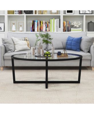 Modern Glass Coffee Table w/ Cross Base & Acacia Wood Legs for Small Spaces