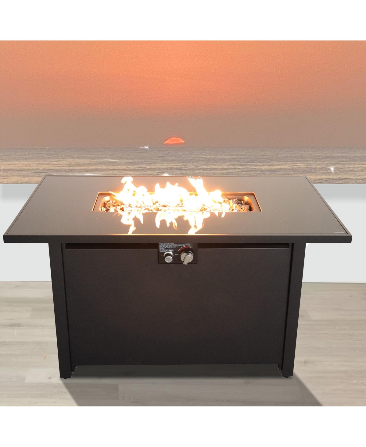 Mondawe 42 White Smoked Glass Metal Rectangle Fire Pit - Black