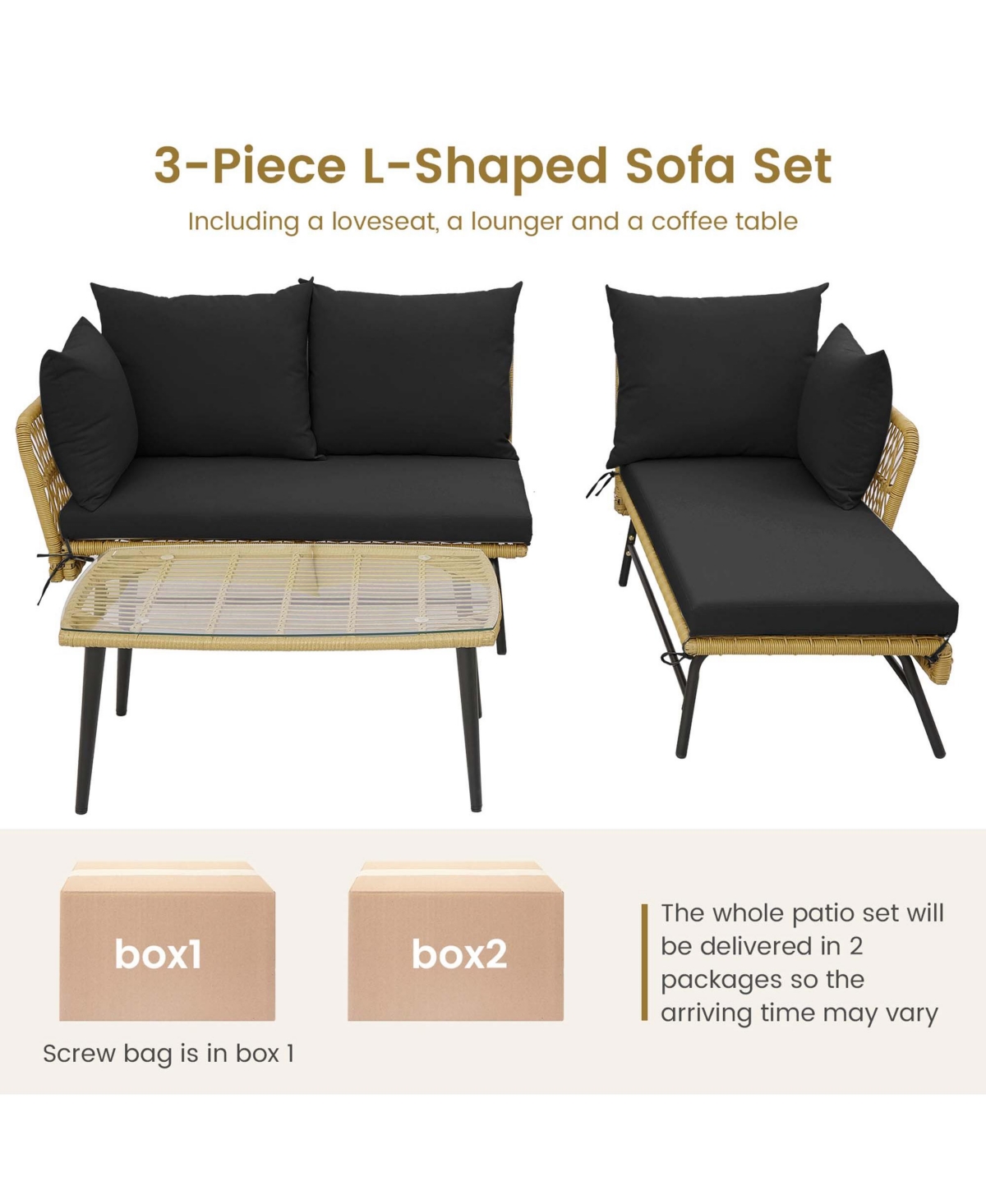 Costway 3 Pcs L-Shaped Patio Sofa Set Conversation Furniture with Cushions Deck Garden