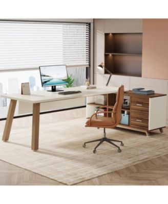 71-Inch Engineered Wood and Metal Large Office Desk with Storage Shelves, Executive L-Shaped Desk