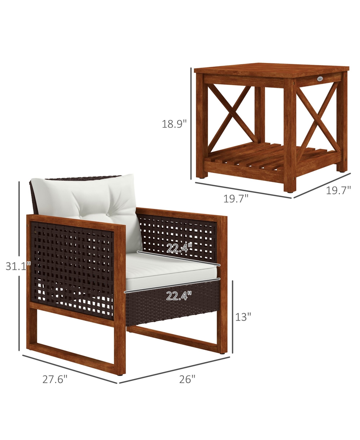 Streamdale Furniture 3 Pieces Patio Bistro Set Wooden with Cushions, Pe Wicker Patio Furniture Outdoor for Porch, Backyard, Garden,- Brown