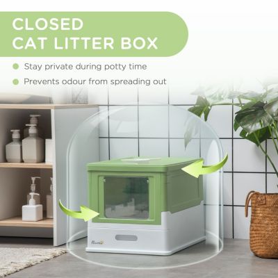 Fully Enclosed Cat Litter Box with Scoop, Hooded Cat Litter House with Drawer Type Tray, Foldable Smell Proof Cat Potty with Front Entry, Top Exit, Large Space, Yellowish Green